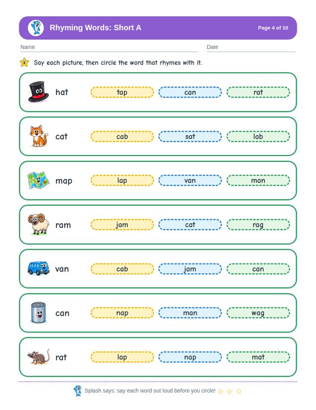 Rhyming Words: Short A: sample page 3