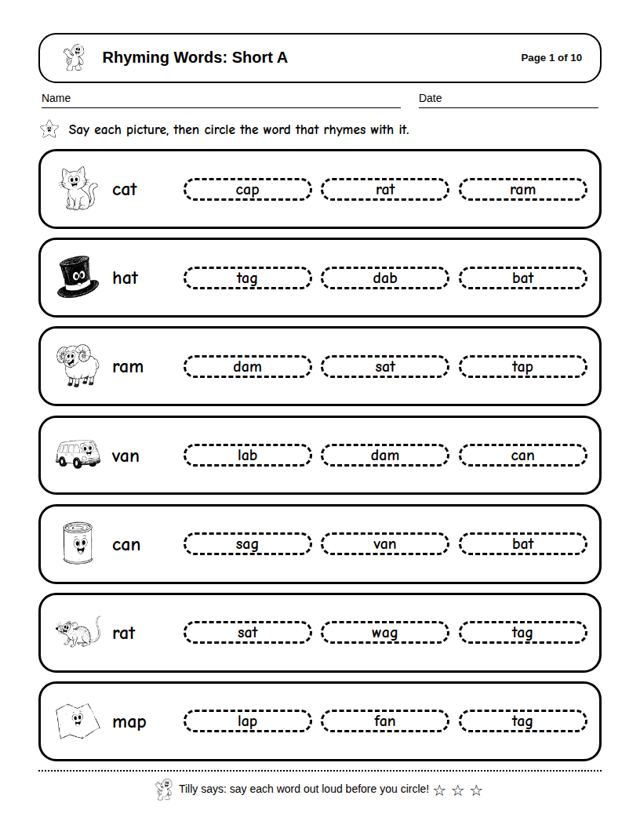 Rhyming Words: Short A: sample page 4