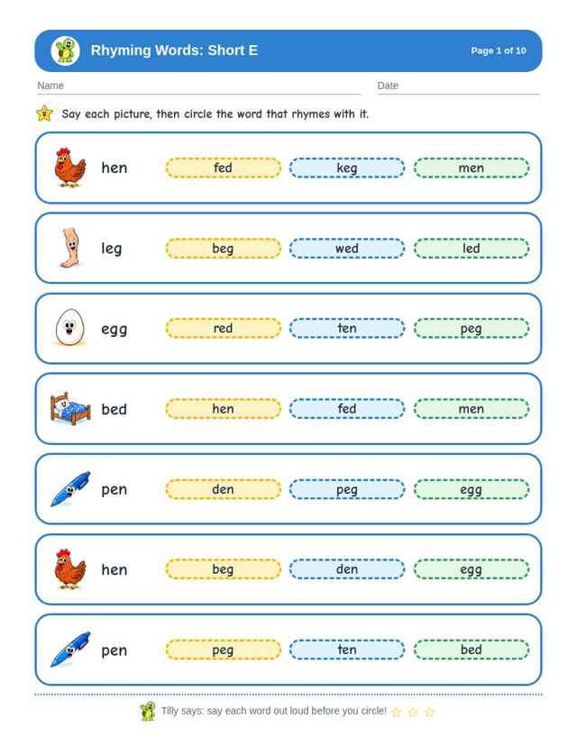 Free sample page from Rhyming Words: Short E