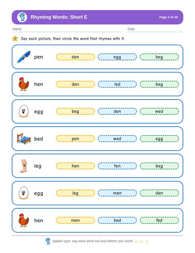 Rhyming Words: Short E free sample page