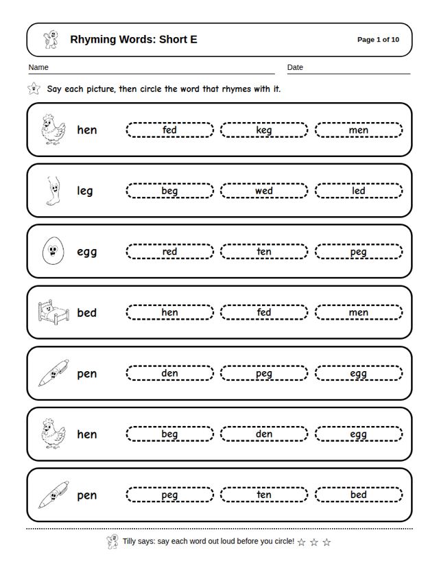 Rhyming Words: Short E: sample page 4