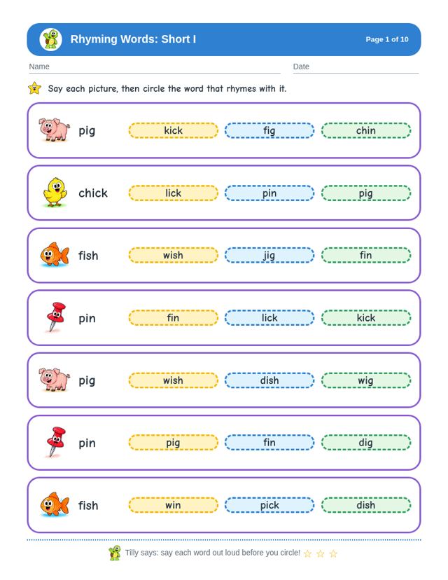 Free sample page from Rhyming Words: Short I