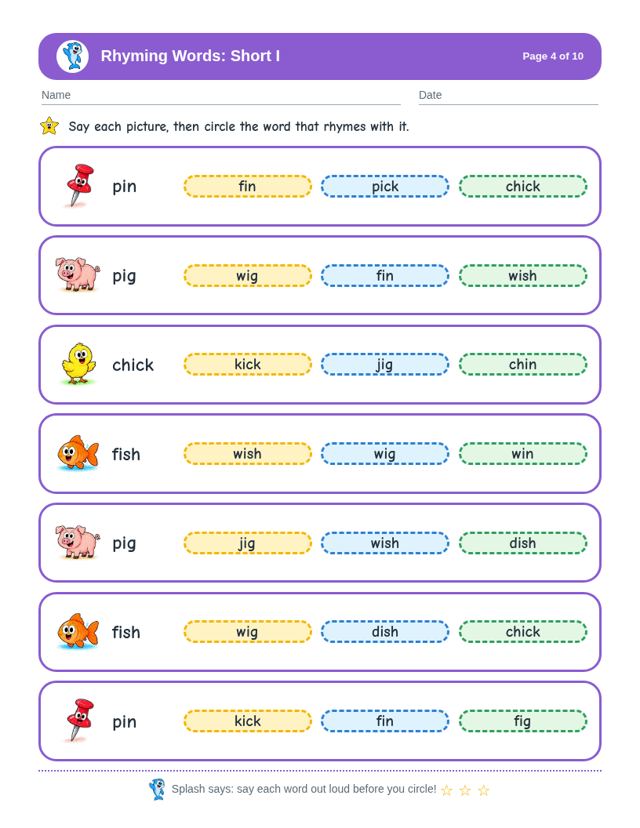 Rhyming Words: Short I: sample page 3