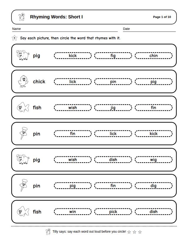 Rhyming Words: Short I: sample page 4