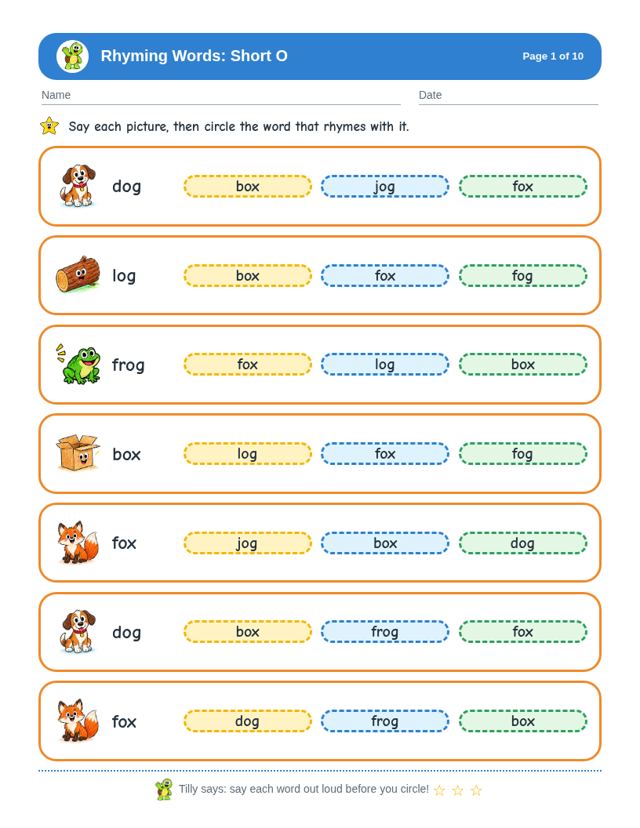 Sample page from Rhyming Words: Short O