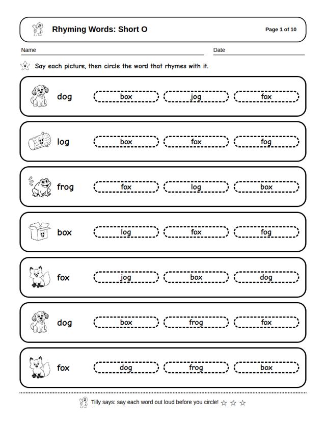 Rhyming Words: Short O: sample page 4