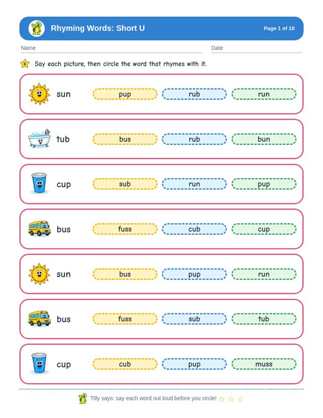 Sample page from Rhyming Words: Short U