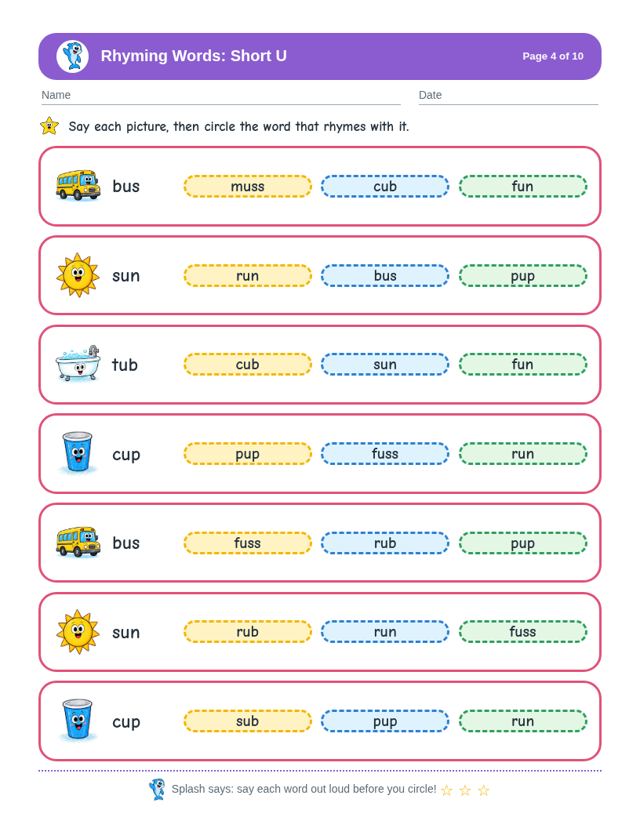 Rhyming Words: Short U: sample page 3