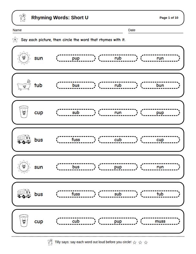 Rhyming Words: Short U: sample page 4