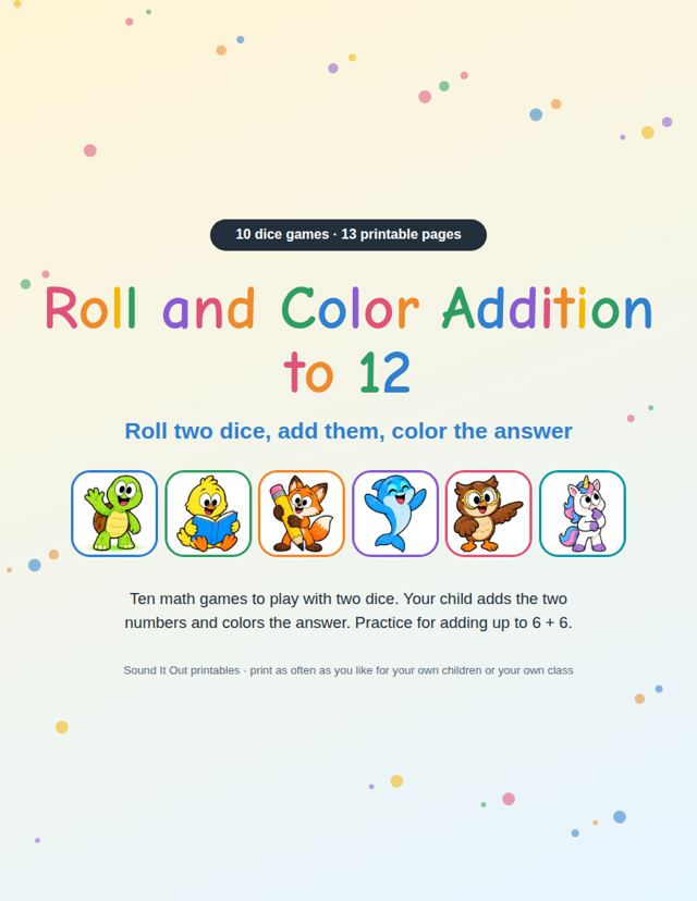 Roll and Color Addition to 12: sample page 1