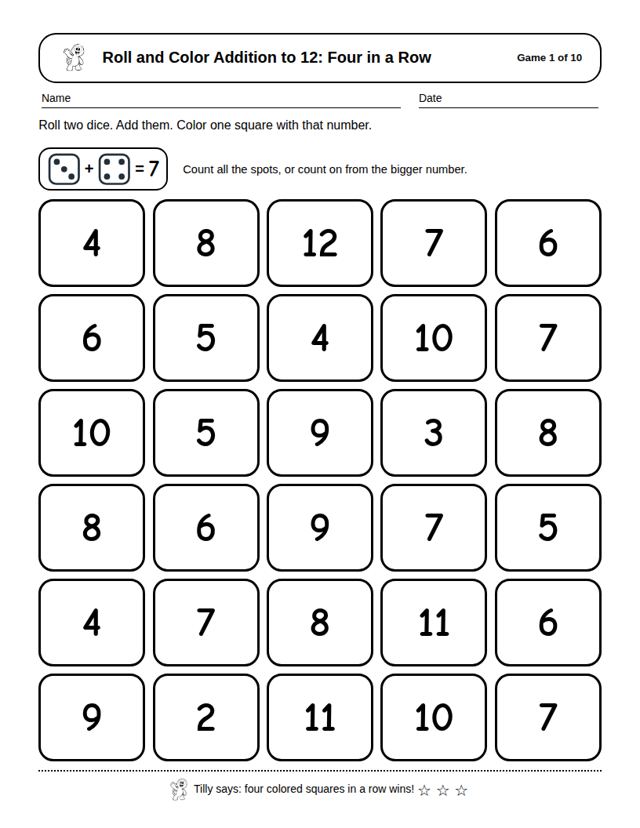Roll and Color Addition to 12: sample page 4