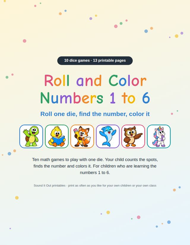 Roll and Color Numbers 1 to 6: sample page 1
