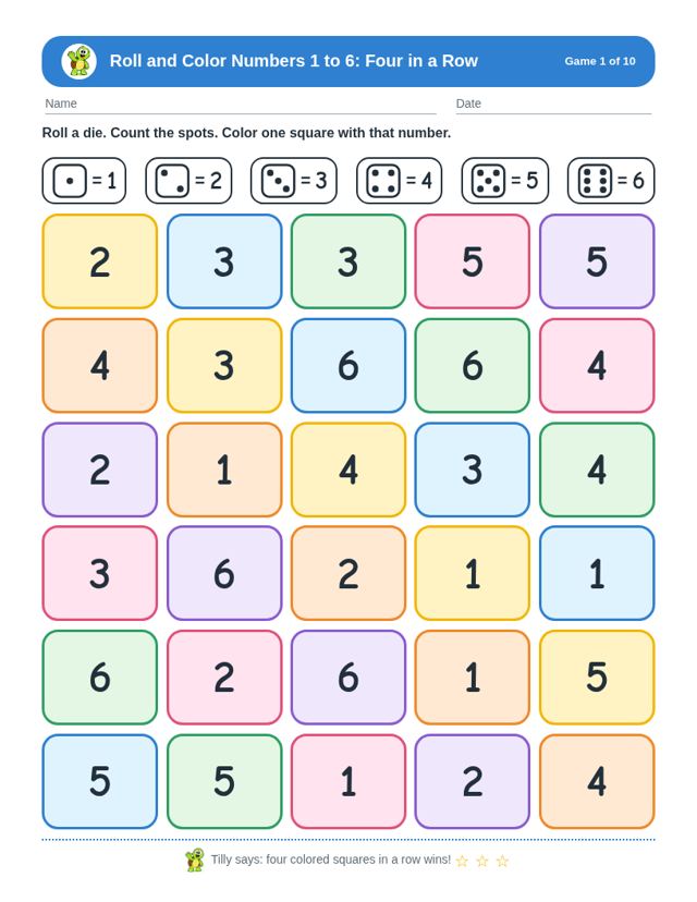 Roll and Color Numbers 1 to 6 sample page