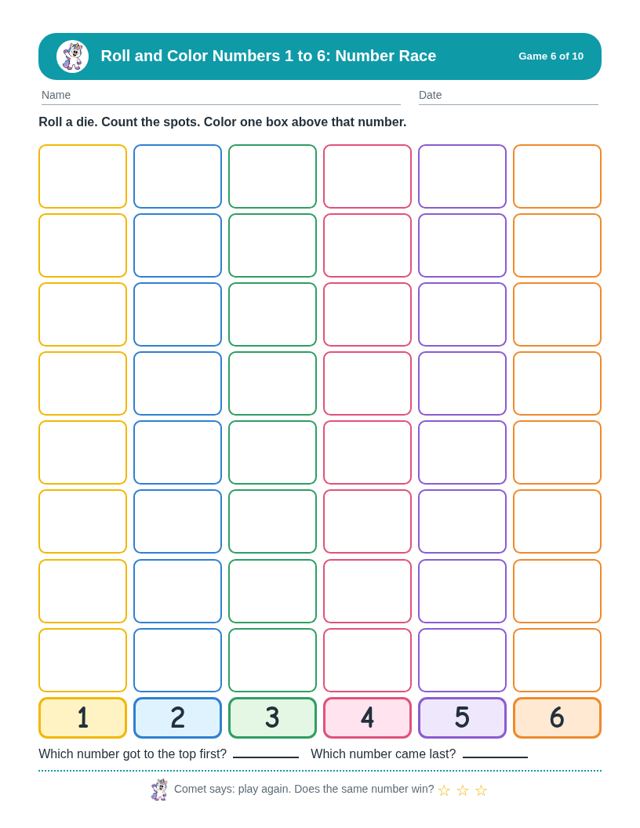 Roll and Color Numbers 1 to 6: sample page 3