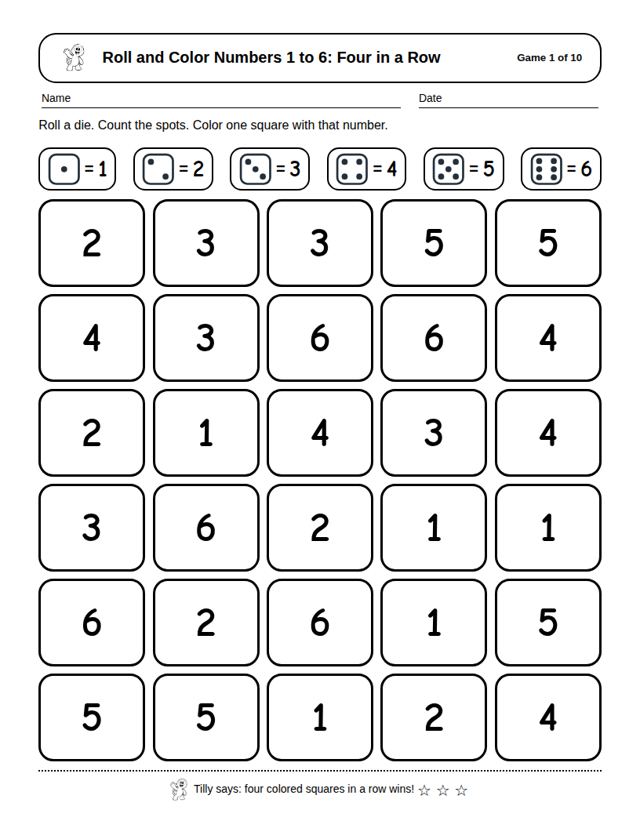 Roll and Color Numbers 1 to 6: sample page 4