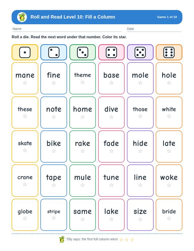 Roll and Read Level 10 sample page