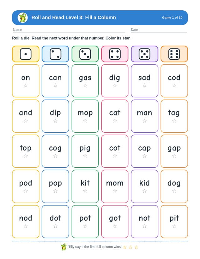 Roll and Read Level 3 sample page