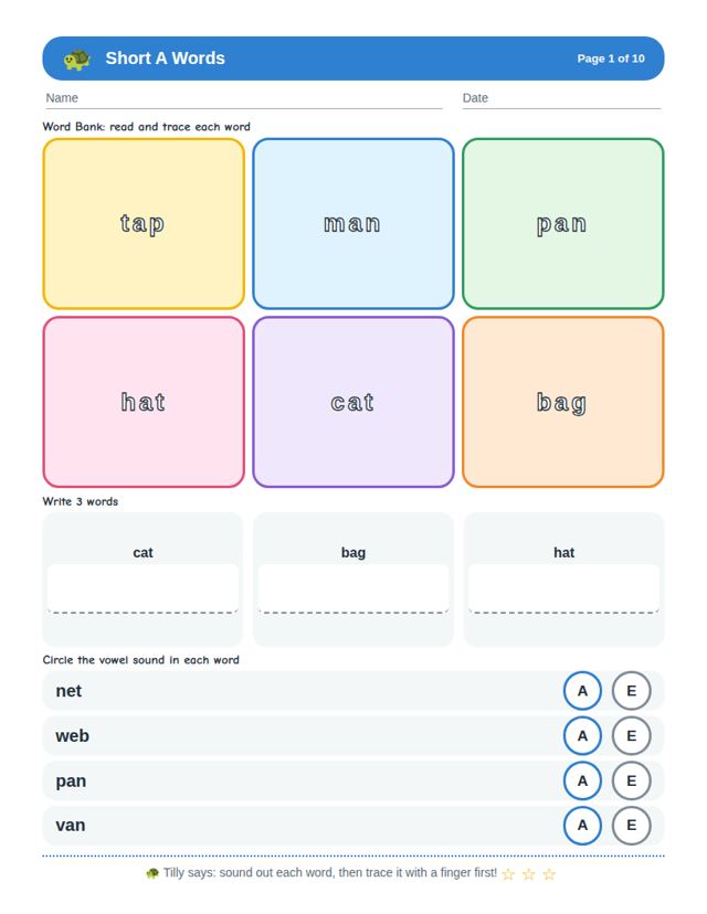 Short A Words sample page