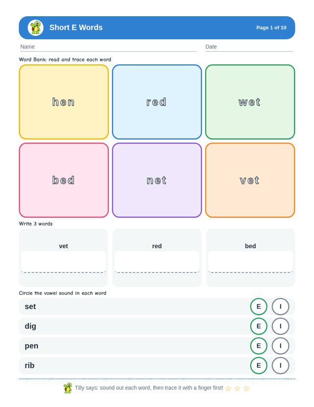 Free sample page from Short E Words