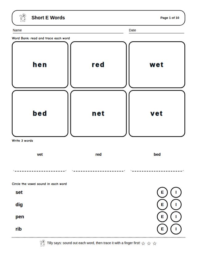 Short E Words: sample page 4