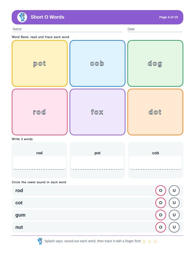 Short O Words: sample page 3