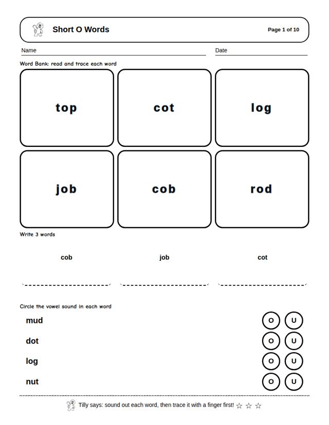 Short O Words: sample page 4
