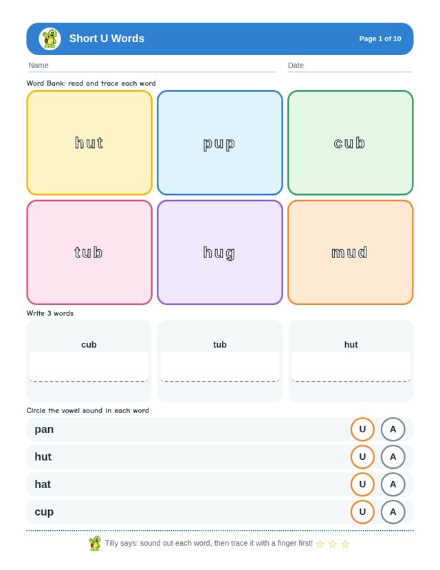 Short U Words sample page