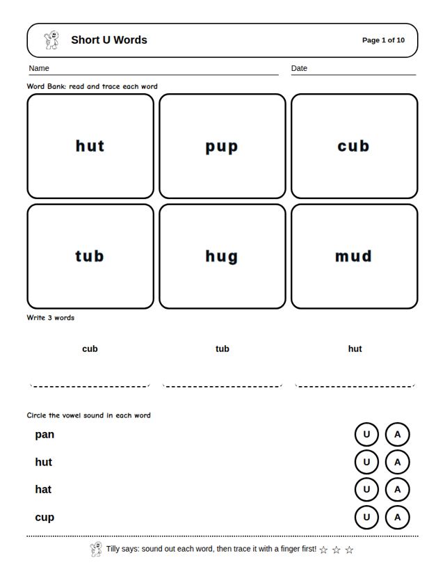 Short U Words: sample page 4