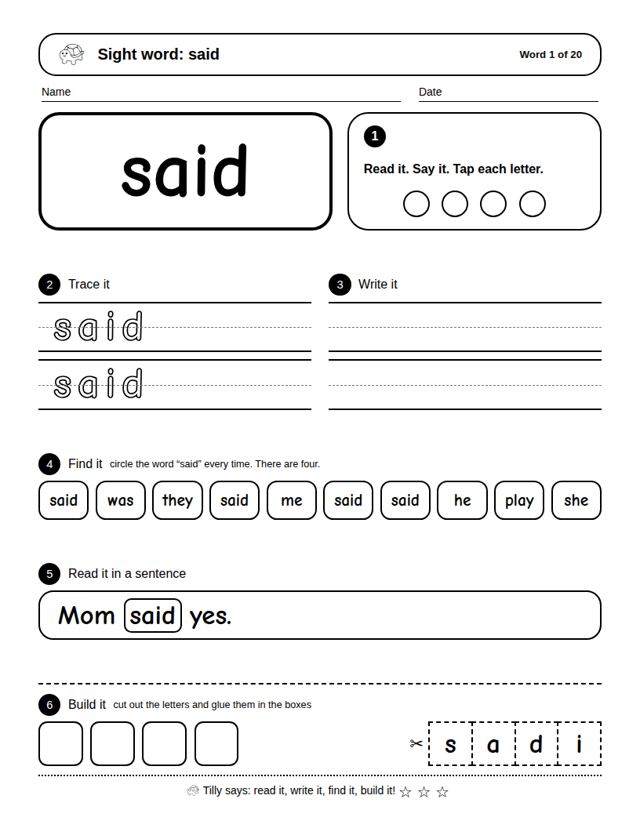 Sight Words Set 2: sample page 4