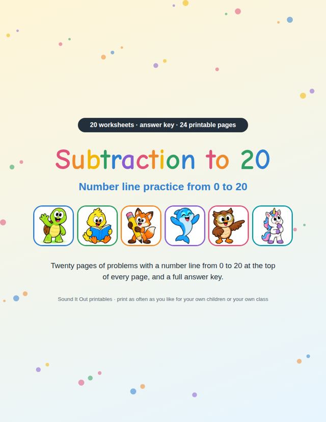 Subtraction to 20: sample page 1