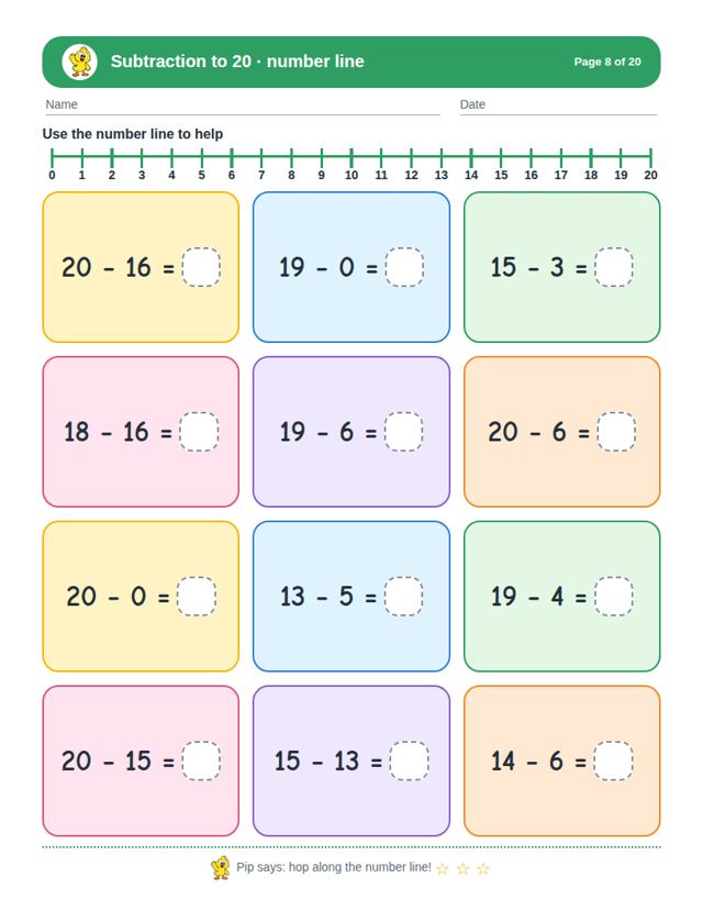 Subtraction to 20: sample page 3