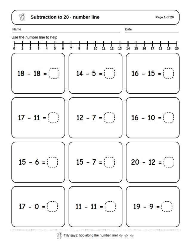 Subtraction to 20: sample page 4