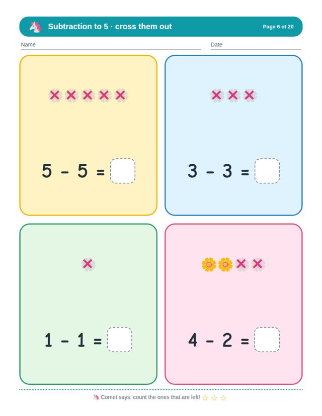 Subtraction to 5: sample page 3
