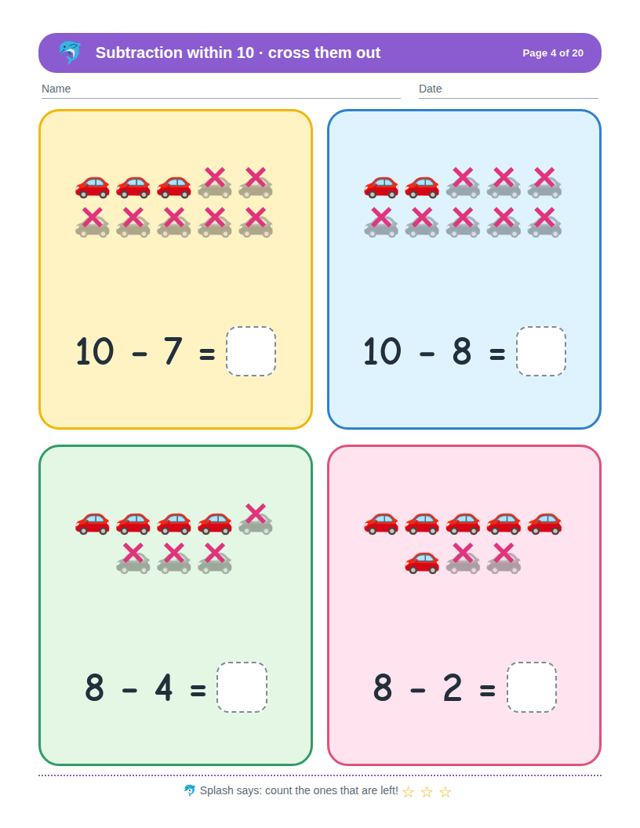 Subtraction to 10: sample page 3