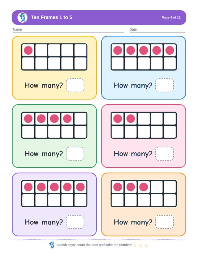 Ten Frames 1 to 5: sample page 3
