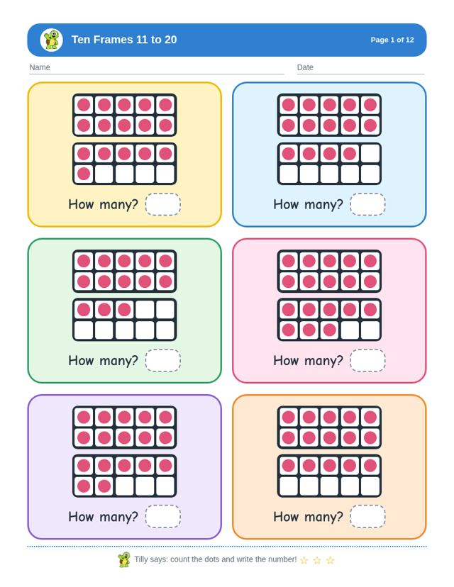 Sample page from Ten Frames 11 to 20