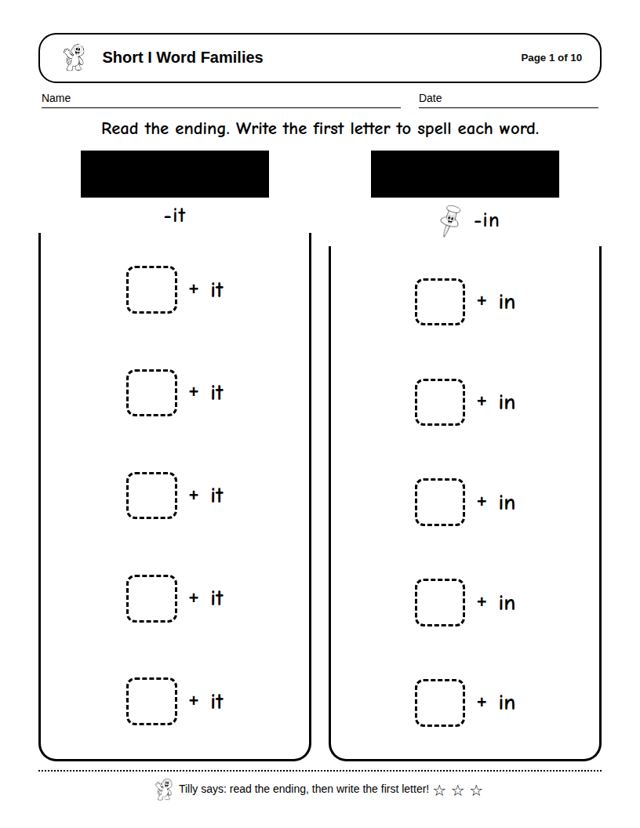 Short I Word Families: sample page 4
