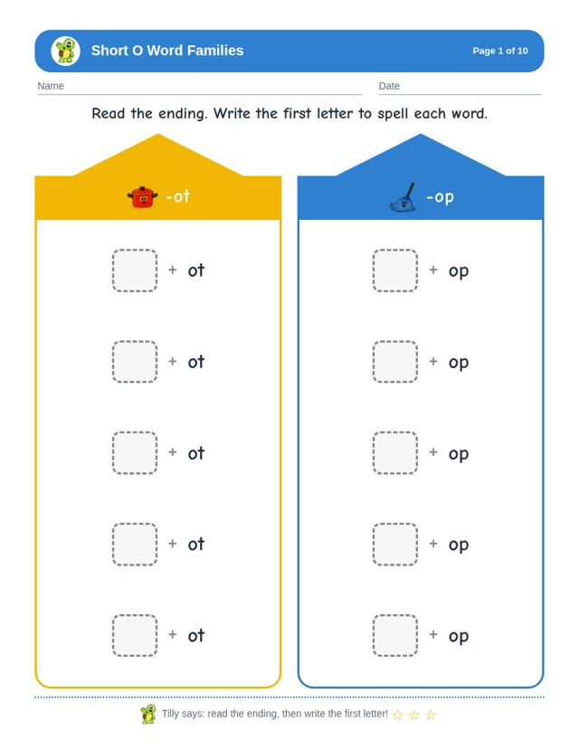 Short O Word Families sample page