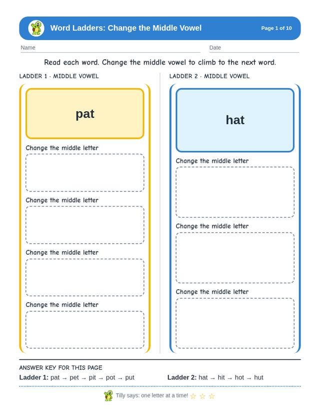 Word Ladders: Change the Middle Vowel sample page