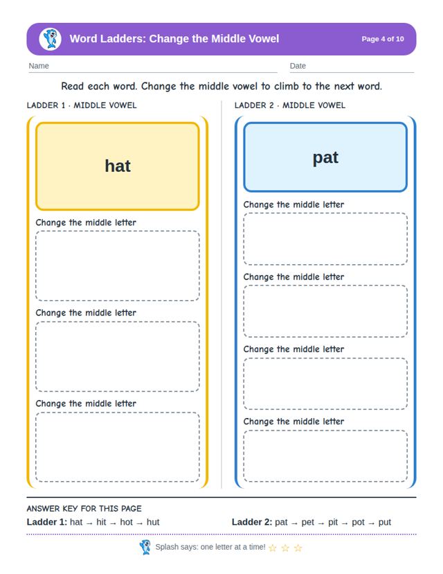 Word Ladders: Change the Middle Vowel: sample page 3