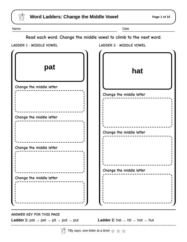 Word Ladders: Change the Middle Vowel: sample page 4