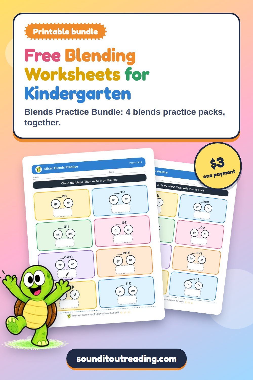 Free Blending Worksheets for Kindergarten: pages from Free Blending Worksheets for Kindergarten by Sound It Out