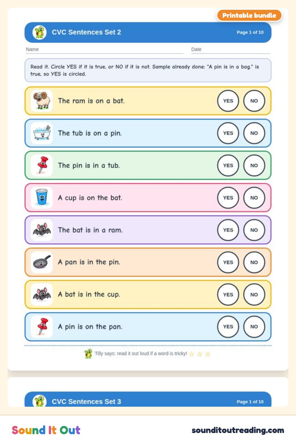 A printable page from Simple CVC Sentences Worksheets for Kindergarten, shown full size, with the Sound It Out name at the bottom
