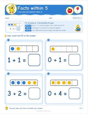 Kindergarten practice worksheets by standard: Facts within 5 (K.OA.A.5)