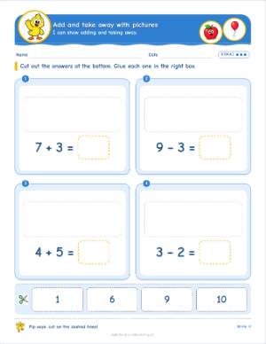 Cut and paste worksheets for kindergarten: Add and take away with pictures (K.OA.A.1)