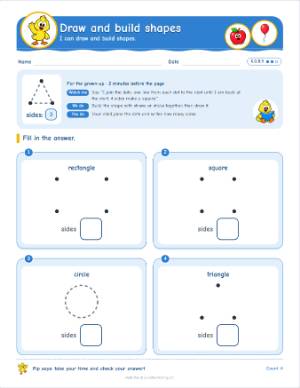 Kindergarten practice worksheets by standard: Draw and build shapes (K.G.B.5)