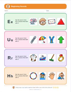 Beginning sounds worksheet generator: E u r h