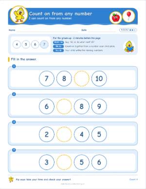 Kindergarten practice worksheets by standard: Count on from any number (K.CC.A.2)