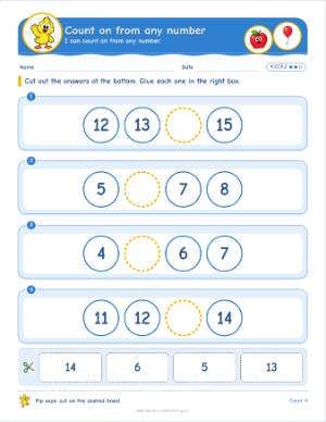 Cut and paste worksheets for kindergarten: Count on from any number (K.CC.A.2)