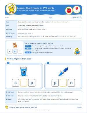 Kindergarten lesson plans: Short vowels, CVC words (RF.K.3b)